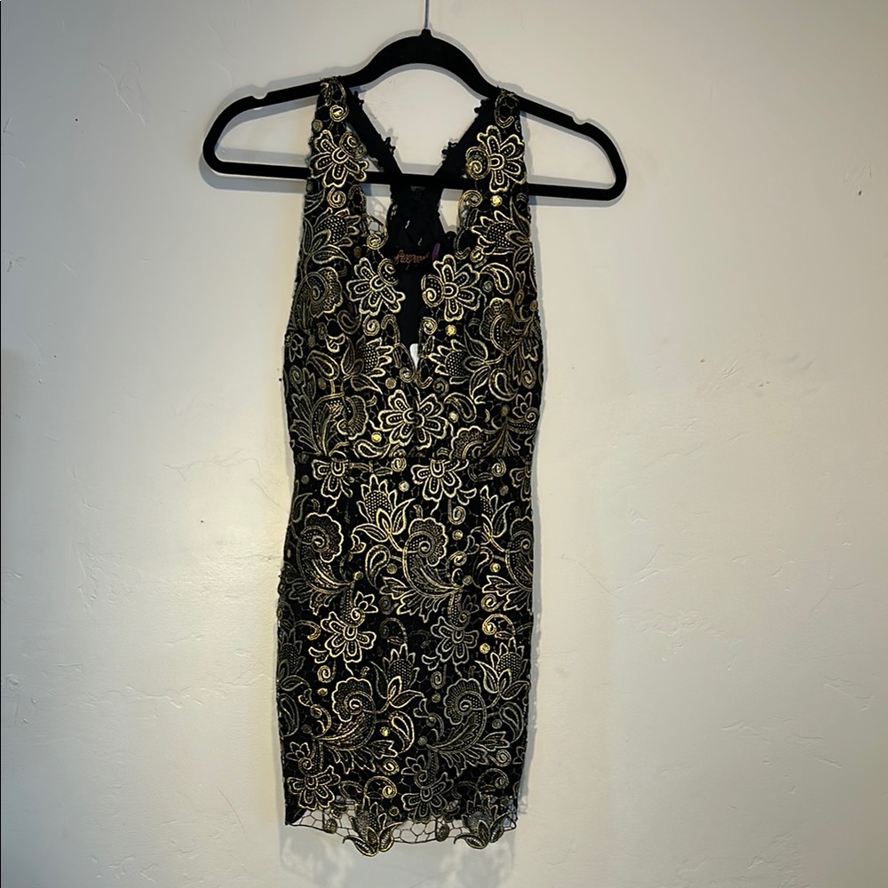 Free People Gold/Black Lace Mini Dress